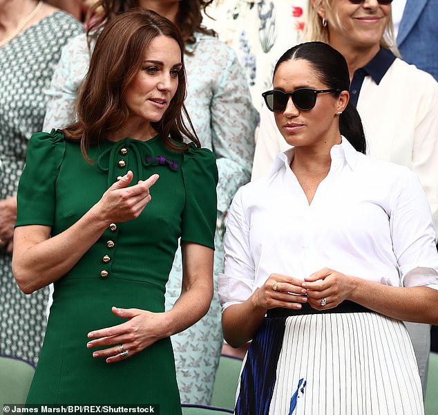 Kate and Meghan in the Royal Box on Centre Court at Wimbledon in 2019, a year after their bridesmaid dress row