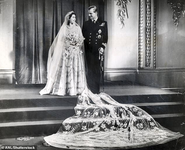 Queen Elizabeth's £30,000 gown was made by British couturier Norman Hartnell. Because of rationing measures in place after the war, the dress was paid for with clothing ration coupons