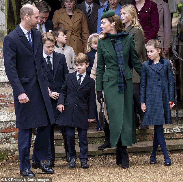 Pictured: Prince William, Prince of Wales and Catherine, Princess of Wales with Prince George of Wales, Princess Charlotte of Wales and Prince Louis of Wales at the Christmas morning service at St Mary Magdalene Church on December 25, 2024 in Sandringham, Norfolk