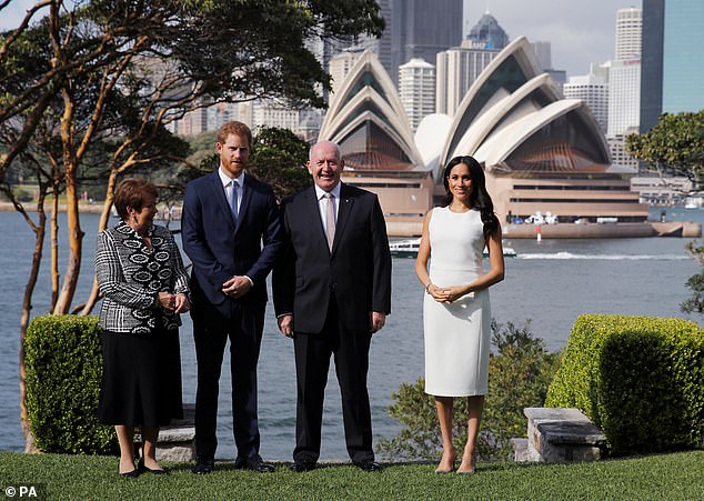The Duke and Duchess of Sussex pose with Australia's Governor General Peter Cosgrove and his wife Lynne Cosgrov