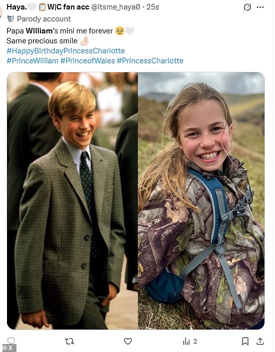 Fans of the family wrote on X underneath the official portrait how similar they thought she looked to her father the Duke of Cambridge when he was younger