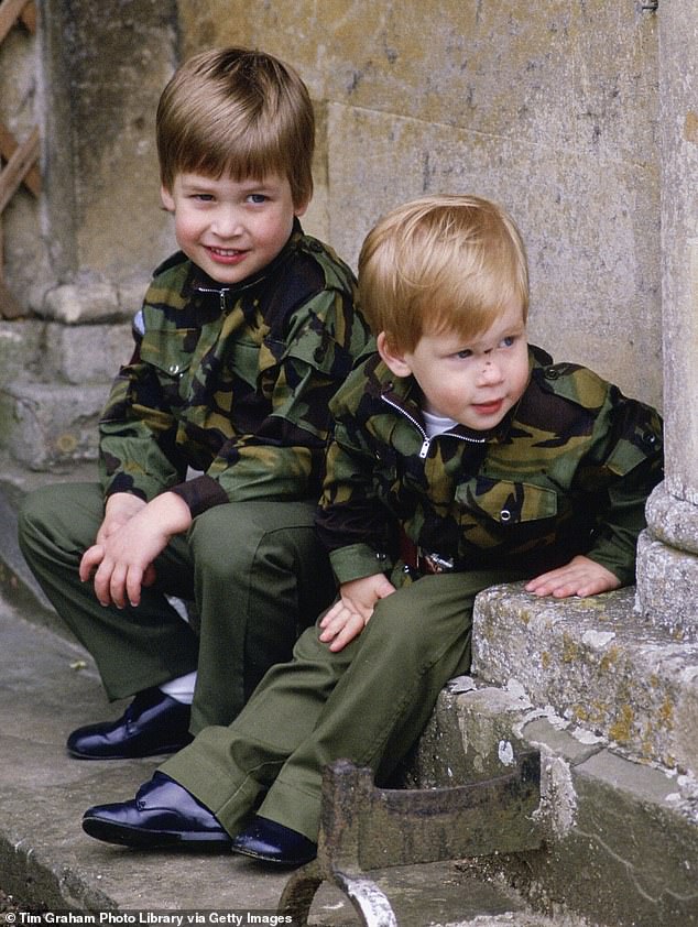 Prince William was also photographed wearing army-style uniform when he was younger including in one sweet picture of him with his brother Prince Harry (pictured right)