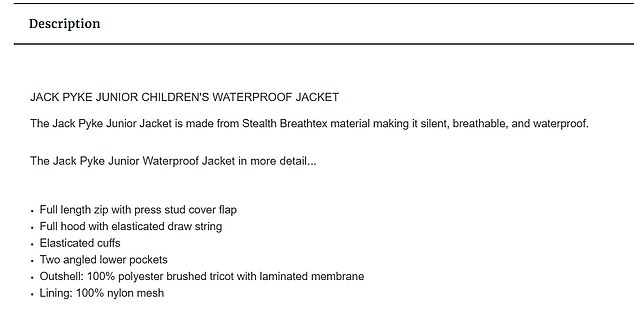 Available from online retailers including Lakeland Country and New Forest clothing, the children's jacket comes in four different sizes, starting from age five and going up to age 12