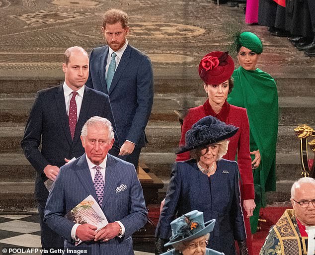 Harry said he can forgive his father, Prince William and Camilla but not the people who made the decision to reduce his protection. He is pictured with the Royal Family at a Commonwealth service at Westminster Abbey in 2020