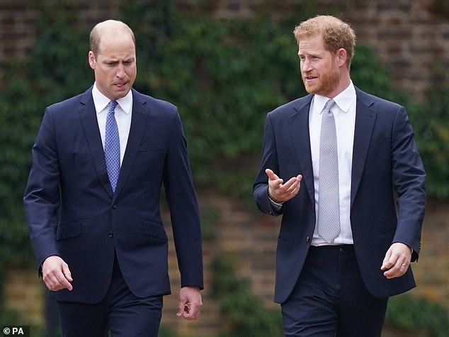 Prince William (left) and Prince Harry (right) arrive together for the unveiling of a statue they commissioned of their mother Princess Diana at Kensington Palace in London in July 2021
