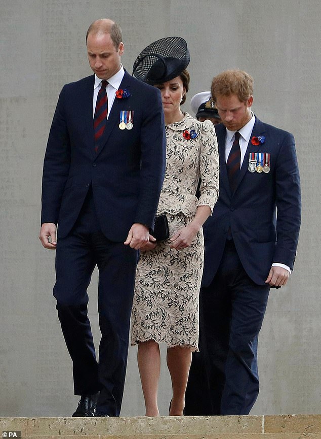 Harry is pictured with Prince William and Kate Middleton in July 2016 during a service to mark the 100th anniversary of the start of the Battle of the Somme