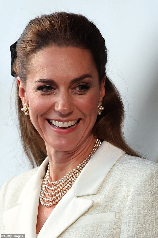 The Princess of Wales (pictured) made a touching tribute with her jewellery of choice as she joined Prince William , King Charles and Queen Camilla at a concert commemorating VE Day on Thursday evening