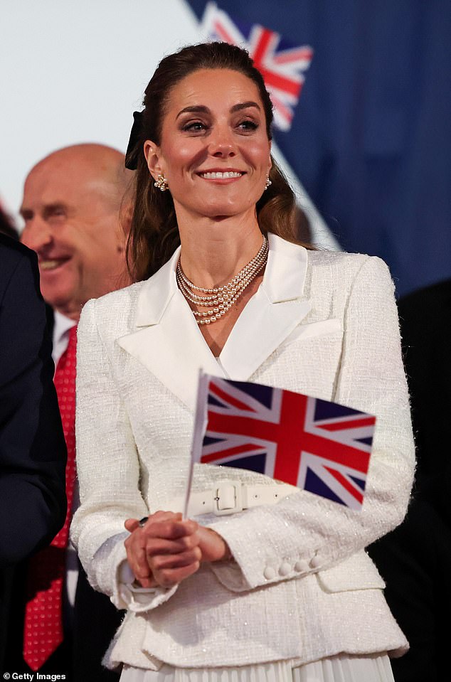 Attending the commemorations marking the end of the Second World War in Europe, Kate (pictured), 43, appeared to subtly honour Holocaust victims with her accessories