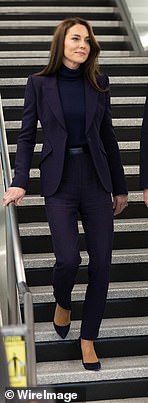 The business-like navy tailored Alexander McQueen suit was a hit in Boston, 2022