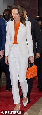 Catherine in the white      Alexander McQueen suit during their Caribbean tour, 2022