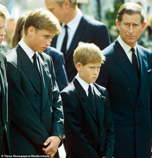 Prince William (pictured with the King and Prince Harry at the funeral of his mother in 1997) was a teenager when he lost his mother, Diana, Princess of Wales, and has been the royal patron of Child Bereavement UK for 16 years