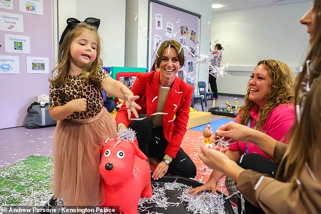 Above, The Princess of Wales joined a family portage session in August 2023 at a local specialist centre in Sittingbourne, Kent to highlight the importance of supporting children with special educational needs and disabilities and their families