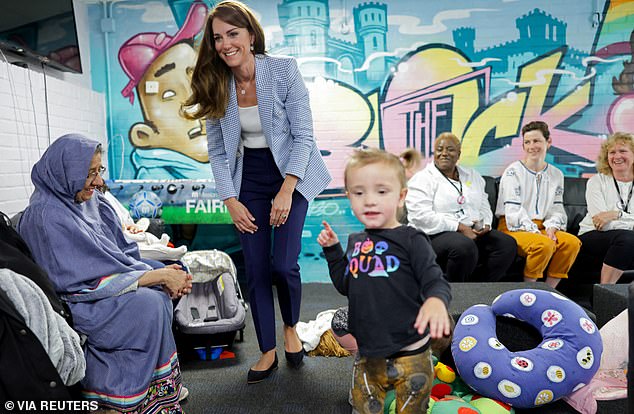 Firms from Deloitte to LEGO have taken part, investing in schemes including funding training for ¿early years¿ teachers to raising parent leave. Pictured, the princess spent time with a group accessing the early years set of services during a visit to the Windsor Family Hub in June 2023