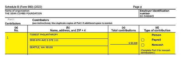 A 990 form for Sean Combs Foundation shows Tisbest donated $50,000 to Diddy's charity in 2022