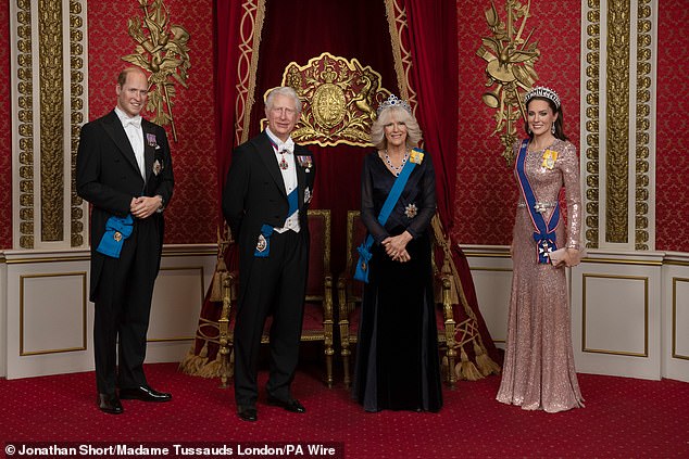 The new Princess of Wales wax figure that will stand alongside her husband, Prince William and King Charles III and Queen Camilla, at the Baker Street attraction's Royal Palace Experience in London