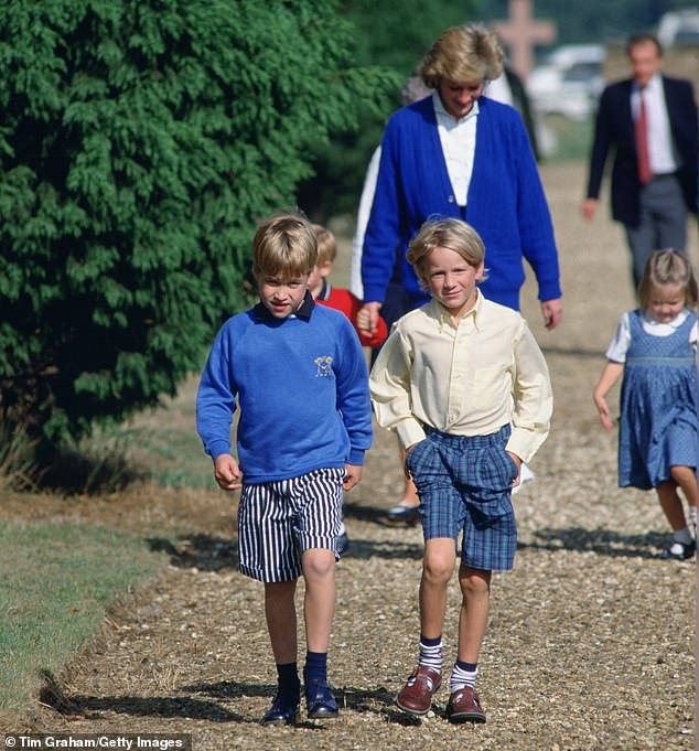 The family was extremely close to the royal household (pictured: Prince William as a boy alongside Lord Fellowes' son Alexander, as Diana follows behind)