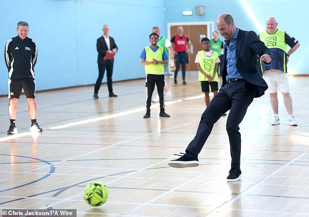 He then showed off his football skills in a kickabout, neatly aiming it into the goal