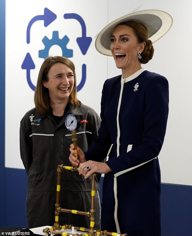 The Princess of Wales (pictured right) couldn't contain her laughter when competing against her husband Prince William at the BAE Systems' Shipbuilding Academy on Thursday