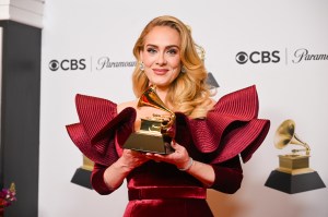 Adele poses with her GRAMMY award for Best Pop Solo Performance for “Easy On Me” in the Press Room at the 65th Annual GRAMMY Awards held at Crypto.com Arena on February 5, 2023 in Los Angeles, California.