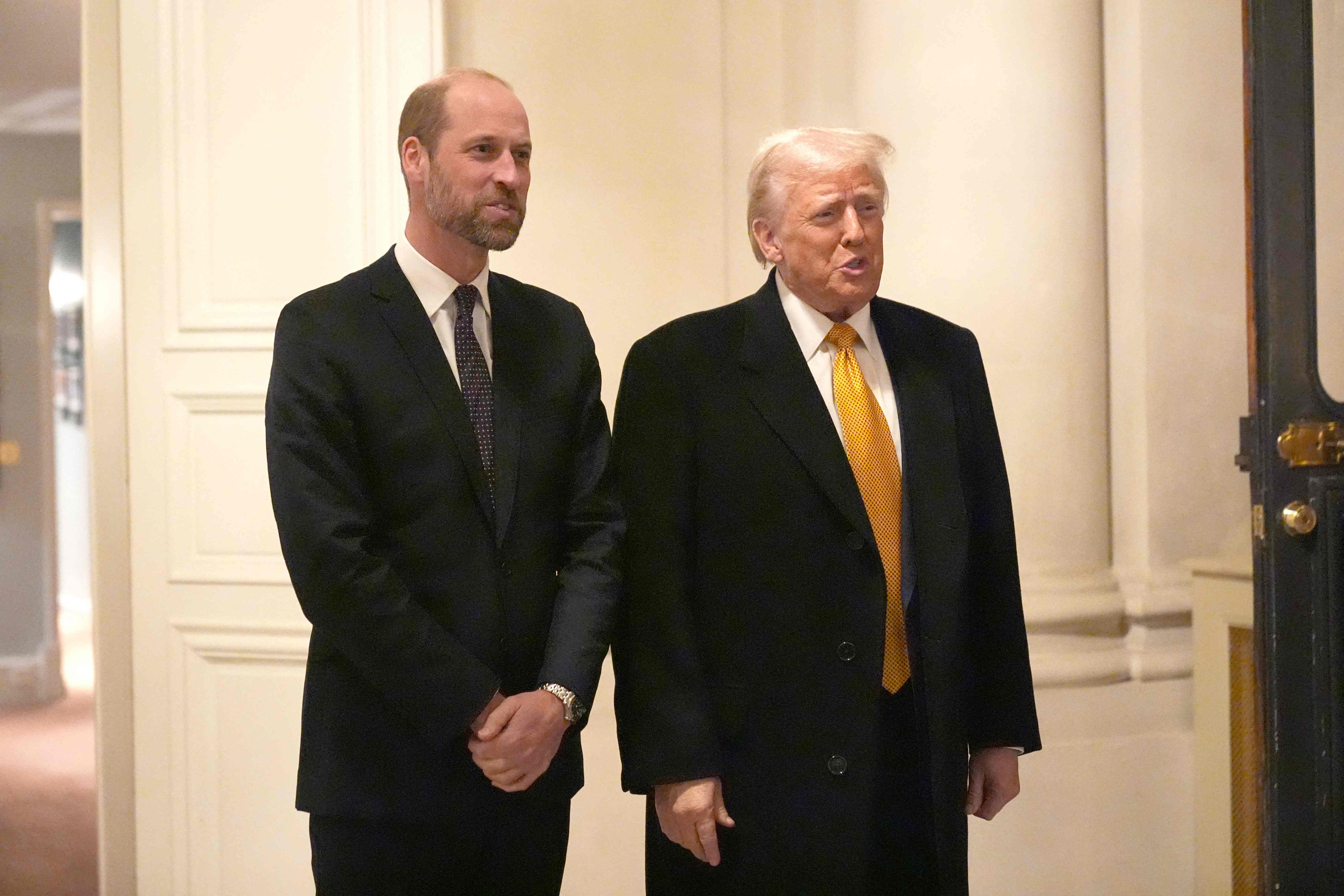 US President-elect Donald Trump (R) and Britain's Prince William, Prince of Wales (L), pose for a photograph ahead of a meeting at the UK Ambassadors residence in Paris, on December 7, 2024. The US President-elect makes his first international trip since his election win, preparing for a day of intense diplomacy whilst attending the reopening ceremony for the Notre Dame cathedral restored after the 2019 fire. (Photo by Aaron Chown / POOL / AFP)(AFP)