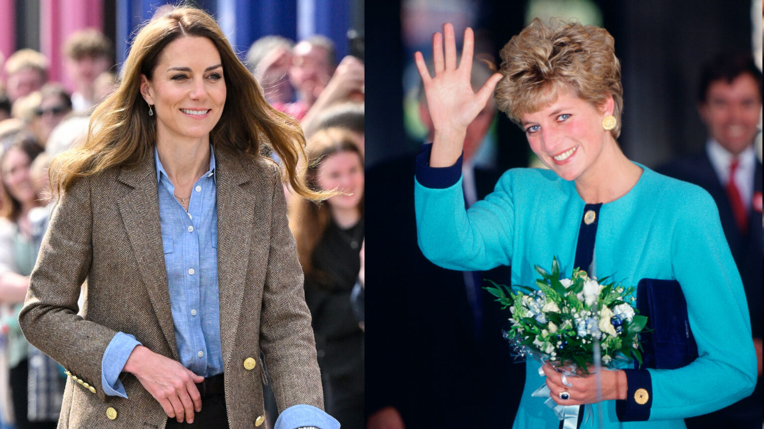 Princess Kate Looks to Princess Diana’s Mistakes With the Press and Gives Them “Nothing,” Per Royal Author Kate Middleton wearing a blue shirt and brown blazer smiling next to a photo of Princess Diana waving in a turquoise jacket