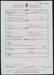 The birth certificate of Archie Harrison Mountbatten-Windsor, son of the Duke and Duchess of Sussex, who was born at the Portland Hospital in London. (Photo by Jonathan Brady/PA Images via Getty Images)