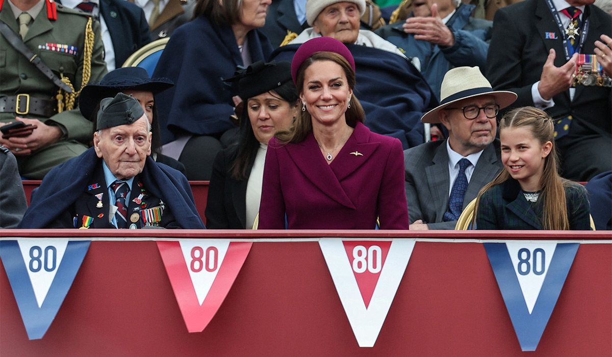 kate middleton Bernard Morgan, Ambassador for the Royal British Legion, Catherine, Princess of Wales and Princess Charlotte attend the military procession for the 80th anniversary of VE Day. Pic: Getty Images