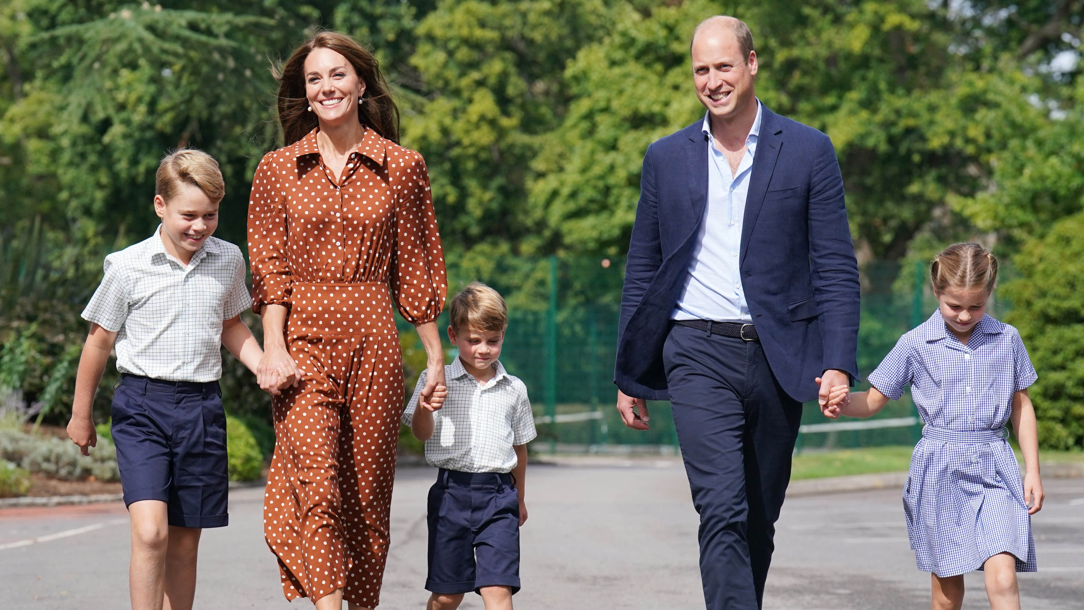 Prince George, Princess Charlotte and Prince Louis arrive for a settling in afternoon at Lambrook School, accompanied by Kate and Prince William