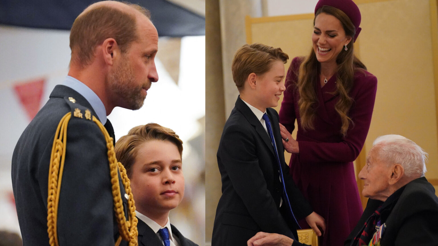 Prince William and Kate Middleton Just Gave Prince George What Could be His “Only Opportunity” for Important Kingship Lesson Prince William and Prince George standing next to each other and a photo of Princess Kate laughing putting her arm on George's shoulder, who is chatting to a WWII veteran