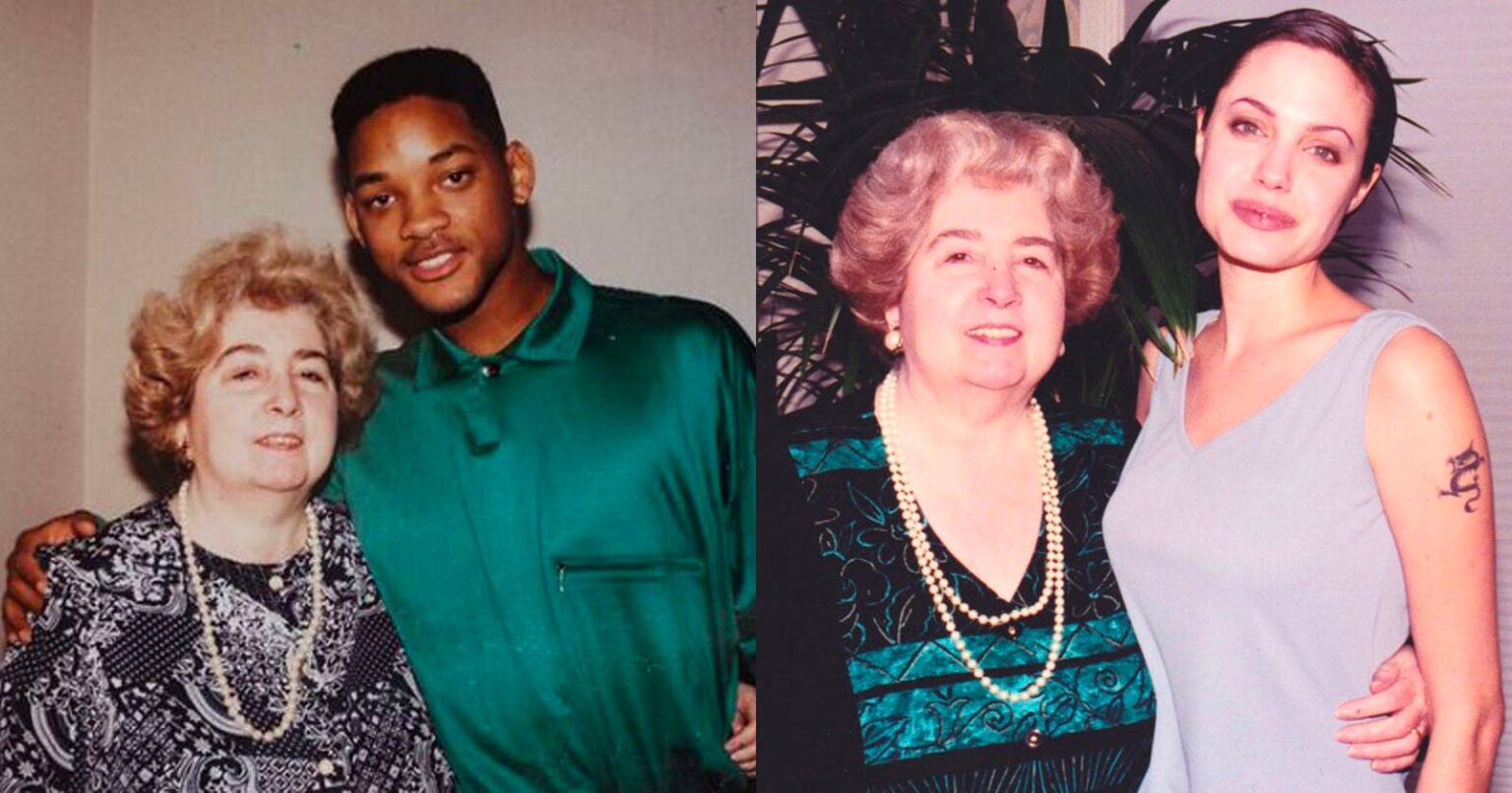 The Thrift Store Photo Album Full of Celebrities and One Ordinary Woman Two photos side by side: On the left, a young man in a green shirt stands with an older woman. On the right, a young woman in a light dress stands with the same older woman, both smiling.