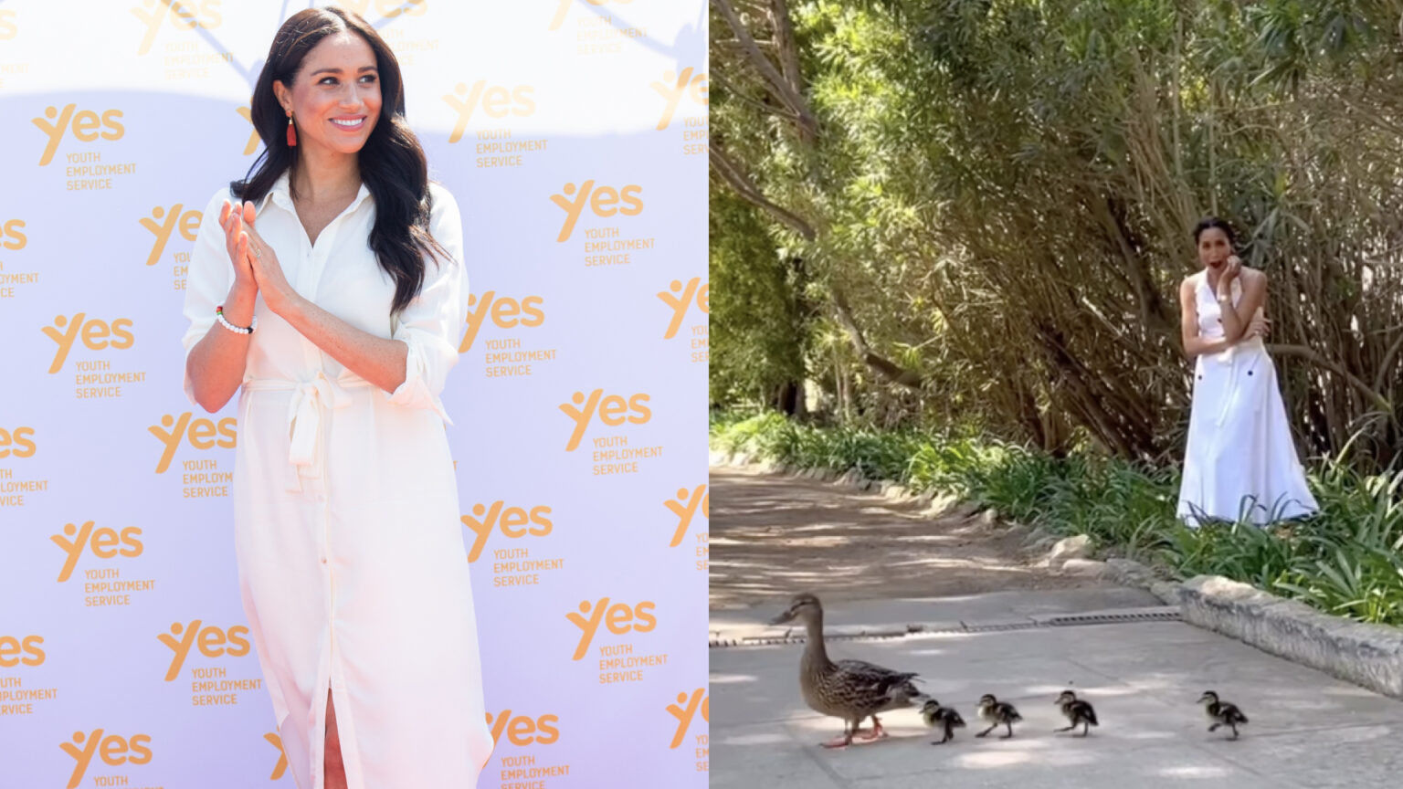 Meghan Markle wearing a white shirt dress next to a photo of her standing in the grass watching geese cross the road