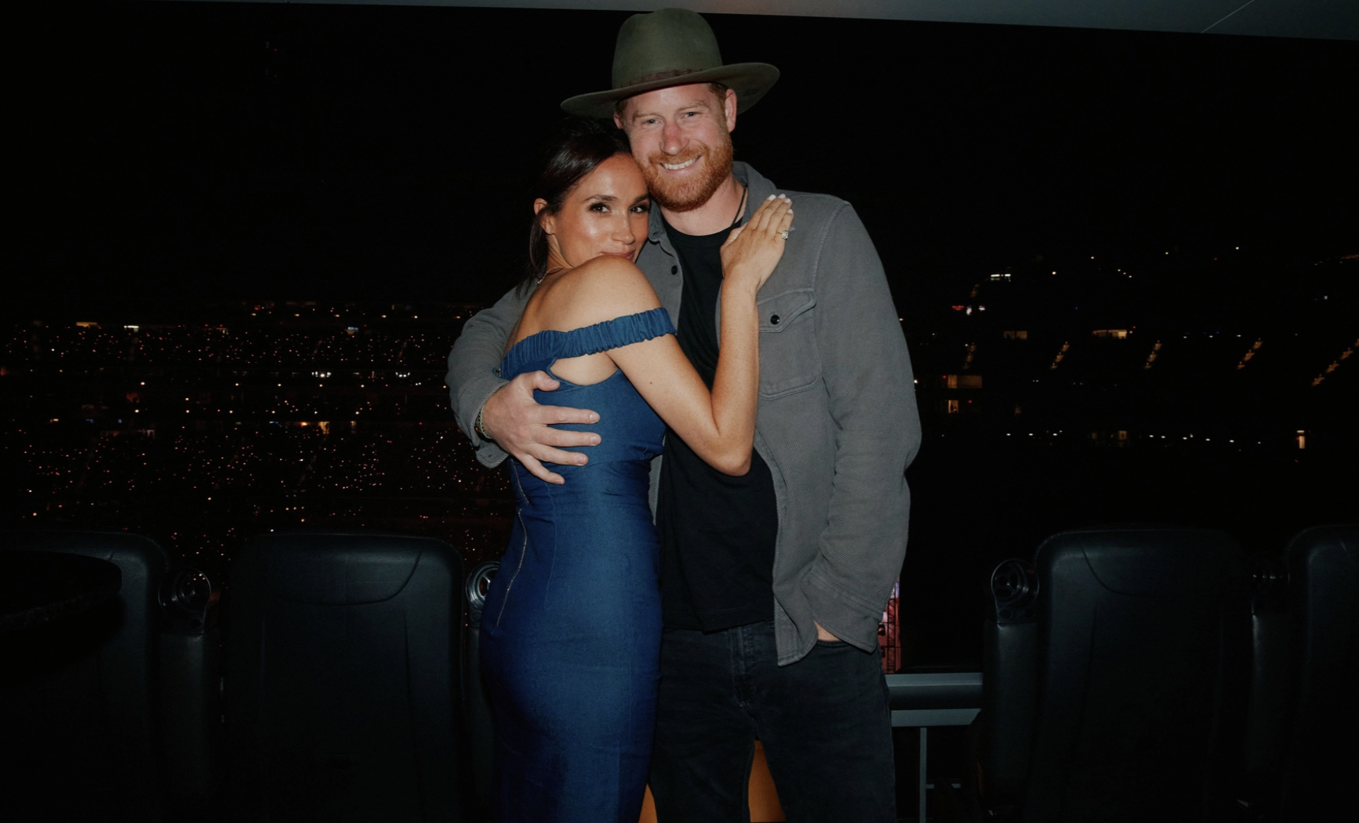 Meghan Markle wears a denim dress from Carolina Herrera at Beyonce's Cowboy Carter tour with Prince Harry