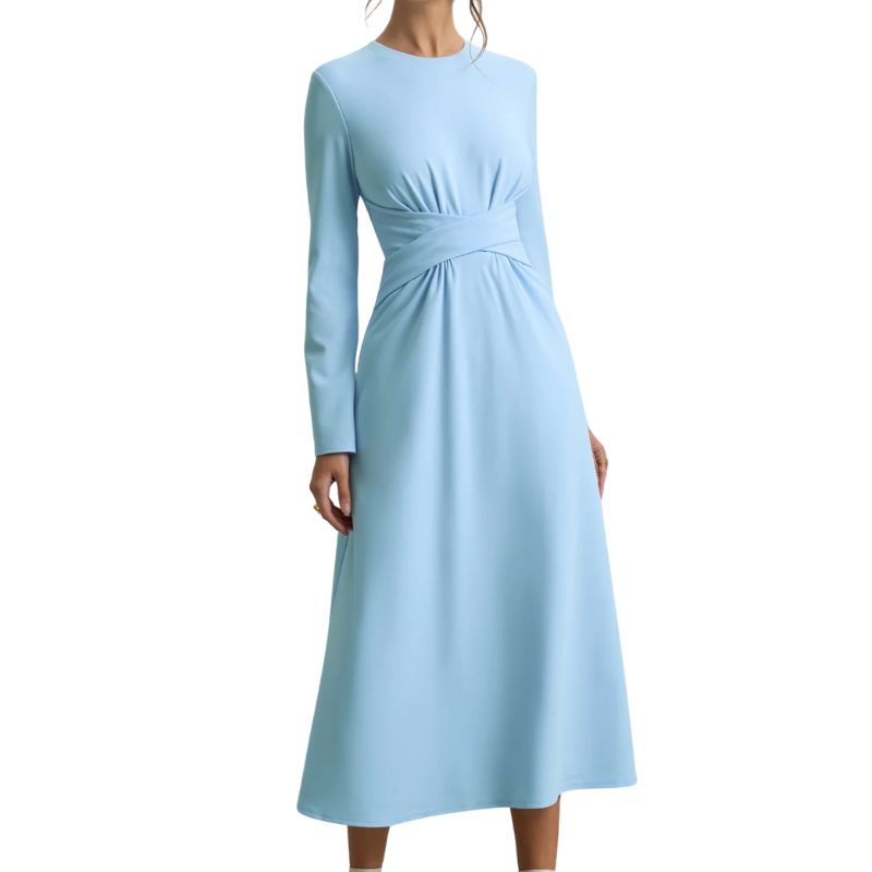 blue midi dress on model