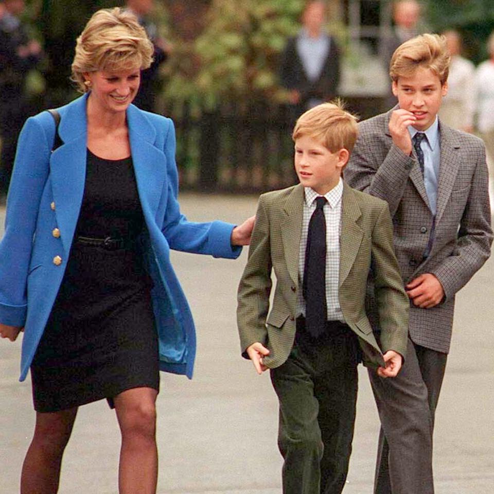 Princess Diana, Prince Harry and Prince William walking together.