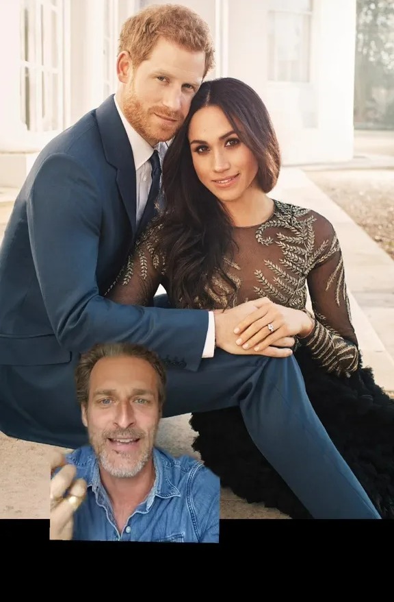 Photo of Prince Harry and Meghan Markle with a man superimposed in the bottom left corner.
