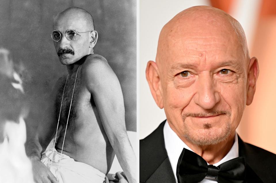 Two photos side by side: a historical figure wearing glasses and a robe; a person in formal attire with a bow tie on the right