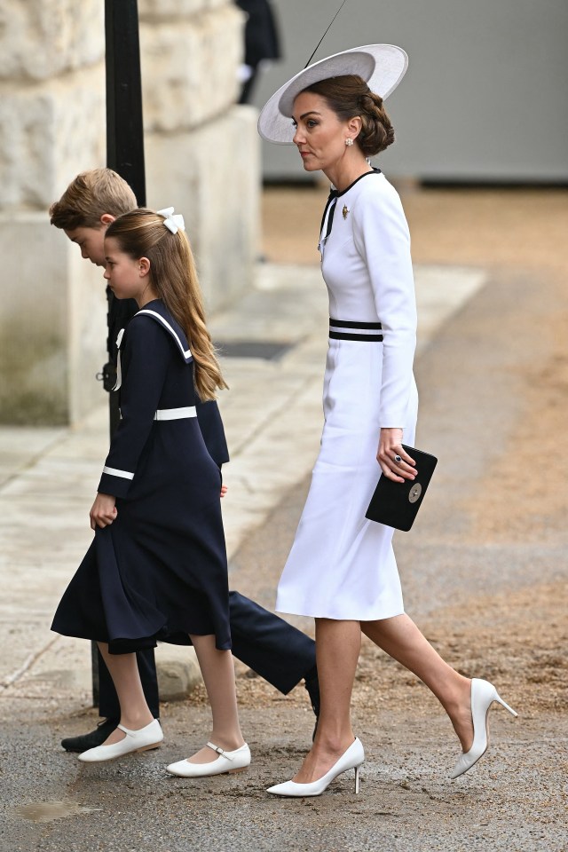 Catherine, Princess of Wales, Prince George, and Princess Charlotte arrive at the King's Birthday Parade.