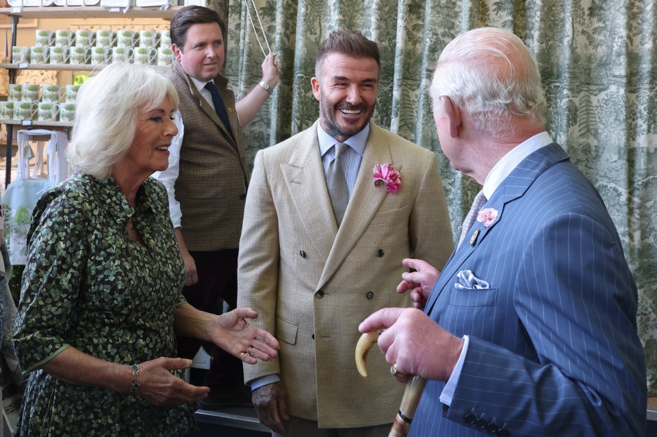 King Charles, Queen Camilla, and David Beckham at the RHS Chelsea Flower Show.