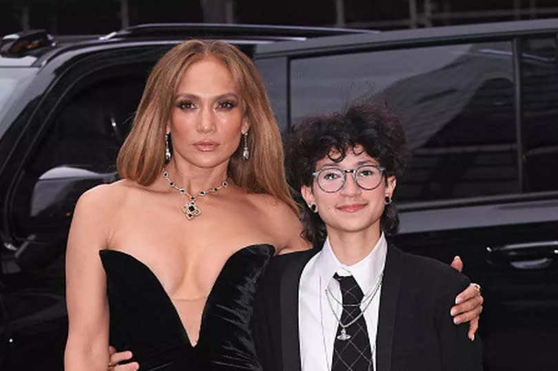 Jennifer Lopez and daughter Emme Muñiz standing on the street in New York City
