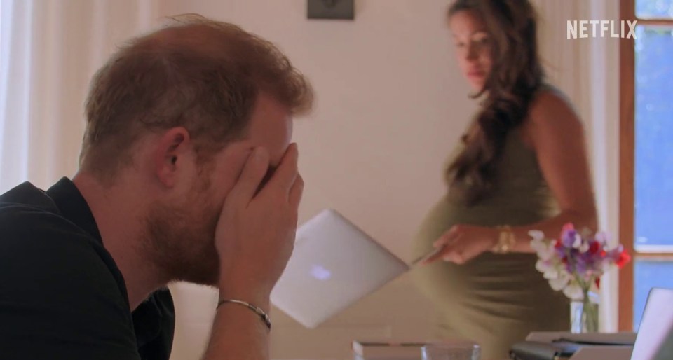 Screenshot from the Netflix Harry & Meghan trailer: Prince Harry distraught, Meghan Markle in the background.