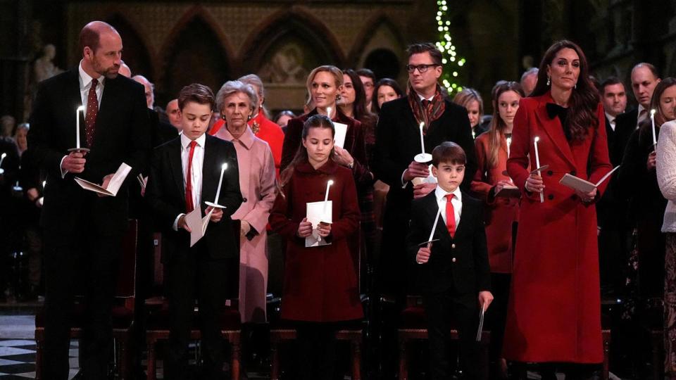 PHOTO: Britain's Prince William, Prince of Wales, Prince George of Wales, Princess Charlotte of Wales, Prince Louis of Wales and Catherine, Princess of Wales attend the 'Together At Christmas Carol Service' at Westminster Abbey, Dec. 6, 2024, in London. (Aaron Chown/POOL/AFP via Getty Images)