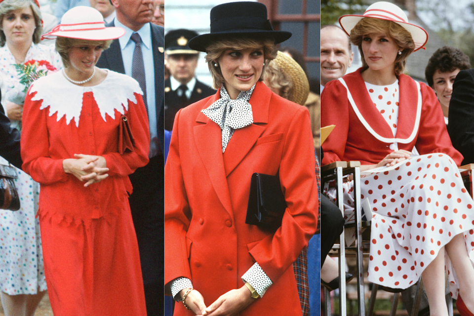 Princess Diana's wardrobe for her 1983 tour of Canada included plenty of red and white. (Images via Getty Images)