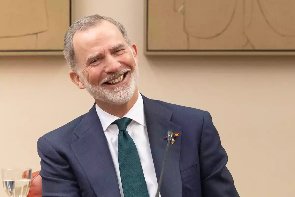 Felipe VI smiles in a suit while sitting in a room. Felipe VI smiles in a suit while sitting in a room.
