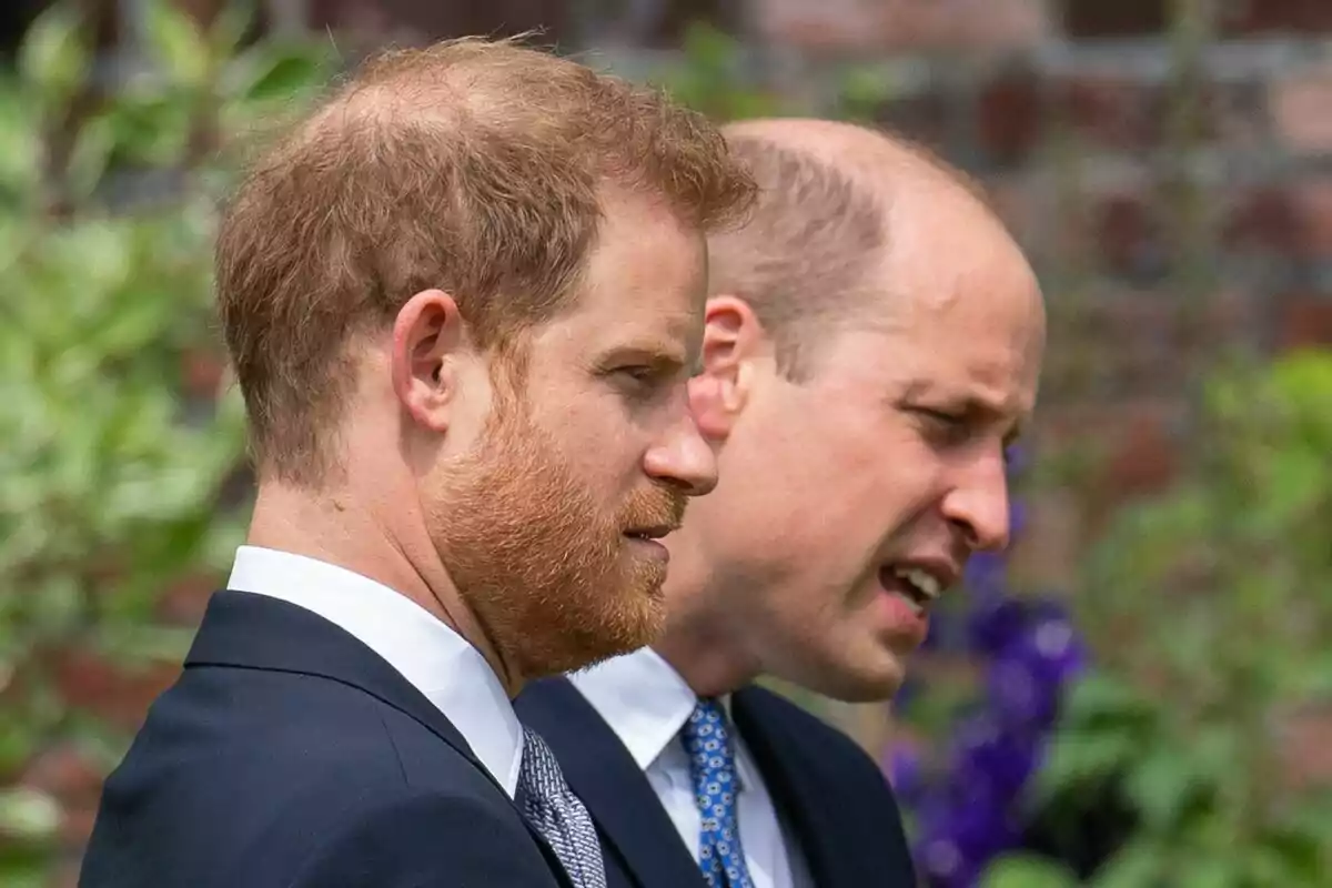 Two men in profile dressed in dark suits and ties, in an outdoor setting with vegetation in the background.