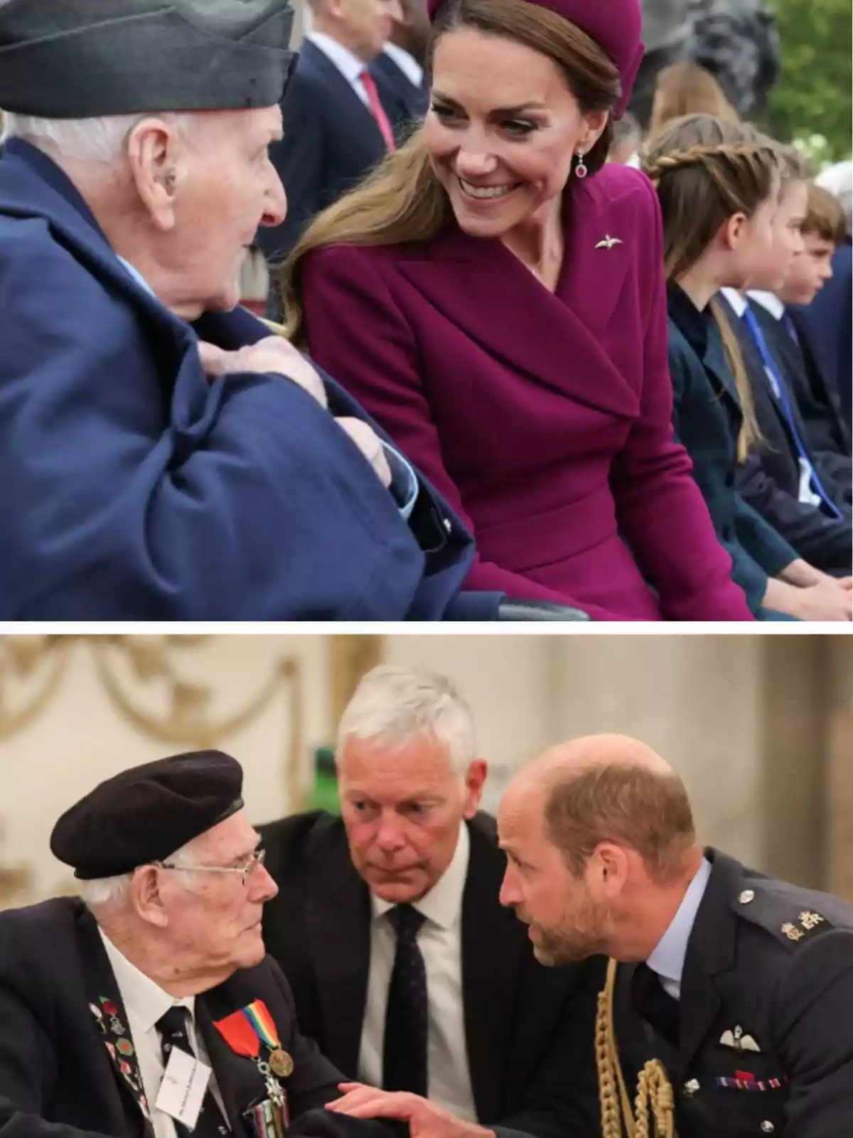 People interacting with veterans at a formal event, showing respect and attention.