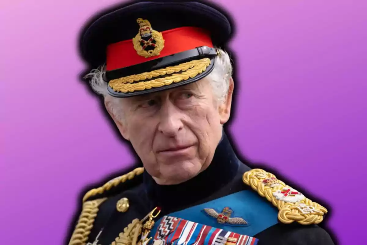 Man in military uniform and cap, purple background.