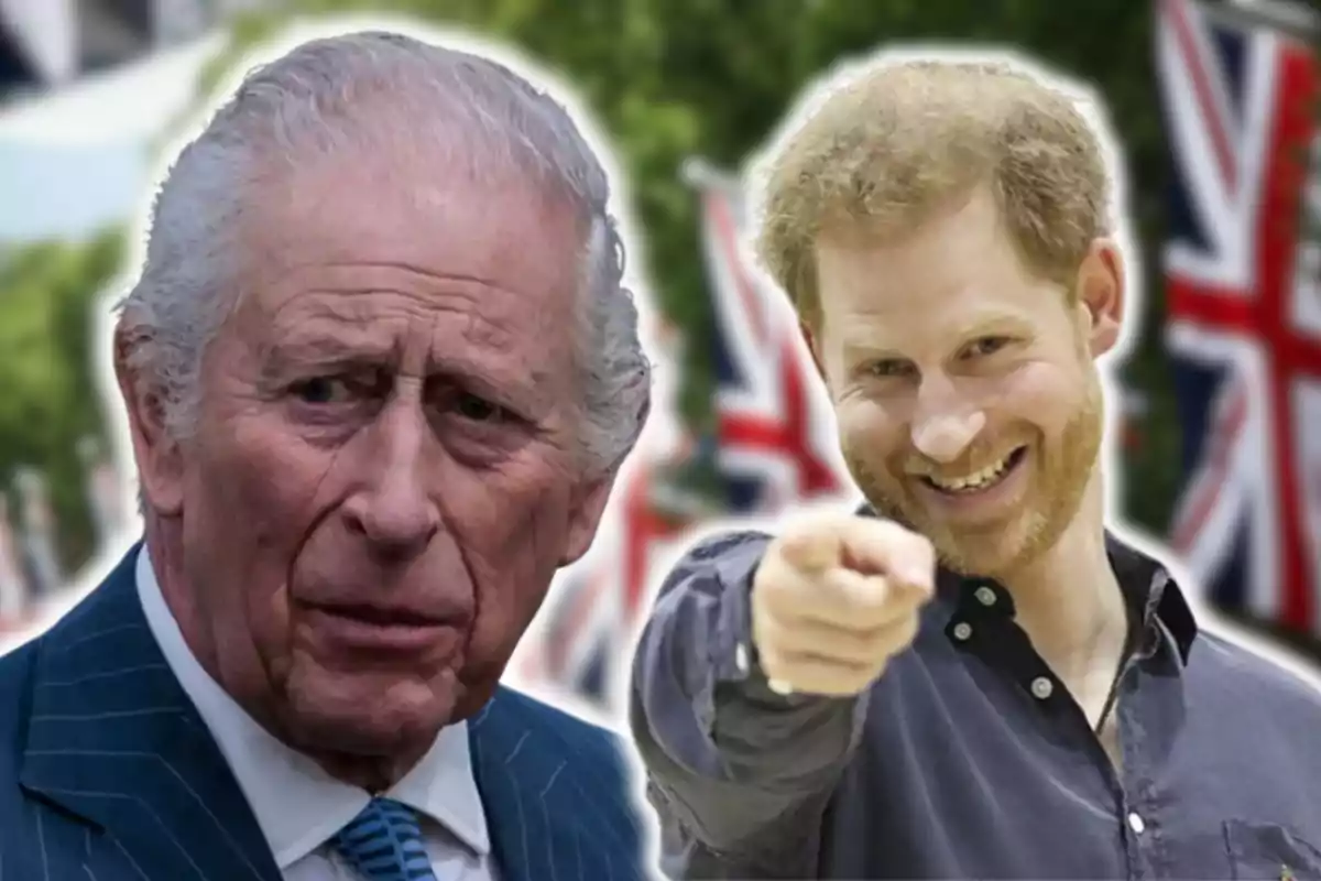 Two men with British flags in the background, one of them smiles and points forward.