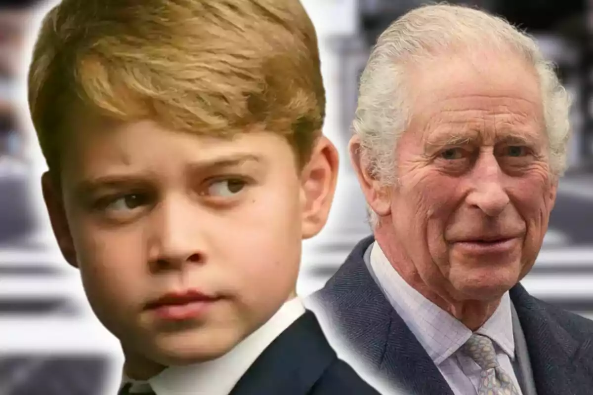 Close-up photo montage of Prince George and Charles III, both with neutral expressions. Close-up photo montage of Prince George and Charles III, both with neutral expressions.