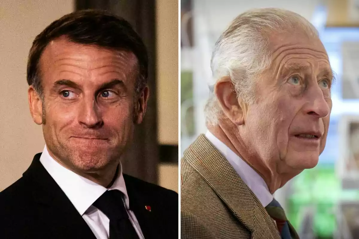 Emmanuel Macron and Charles III in a split image, one in a dark suit with a pensive expression, the other in a checkered jacket looking upwards.