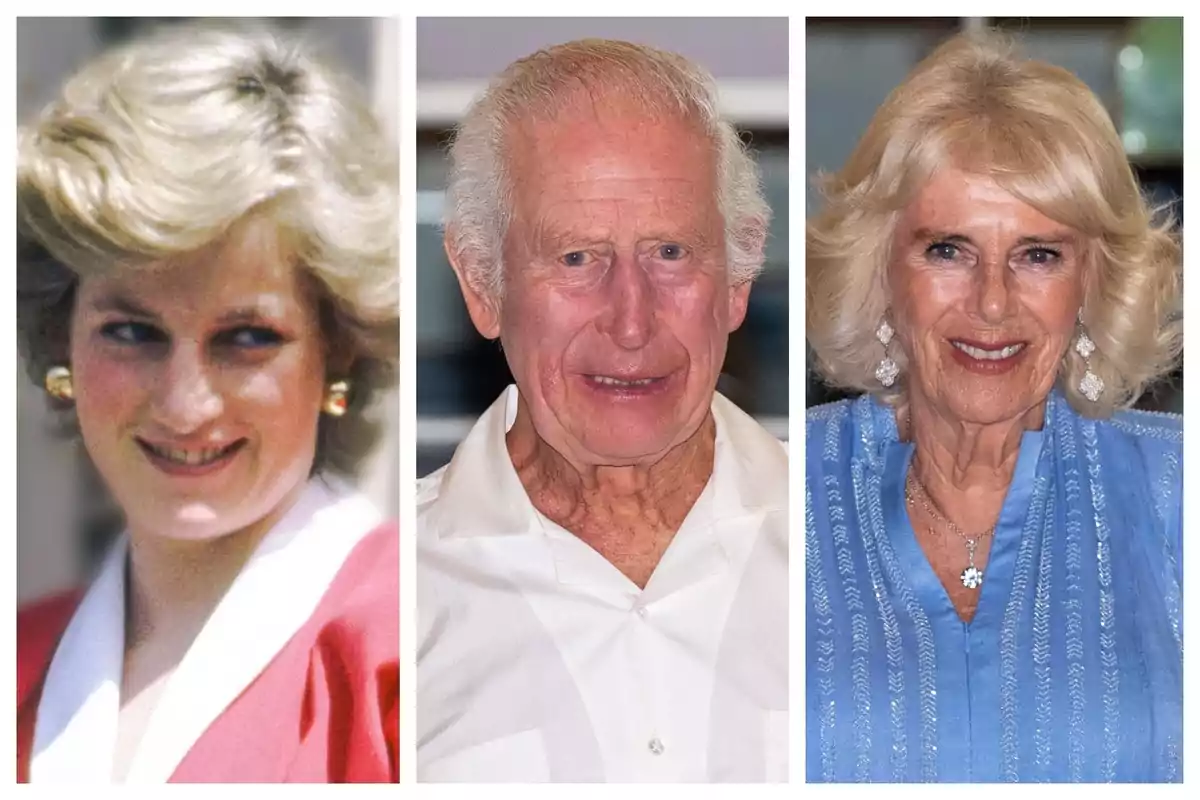 Close-up photo montage of Lady Di, Charles III and Camila Parker. Close-up photo montage of Lady Di, Charles III and Camila Parker.